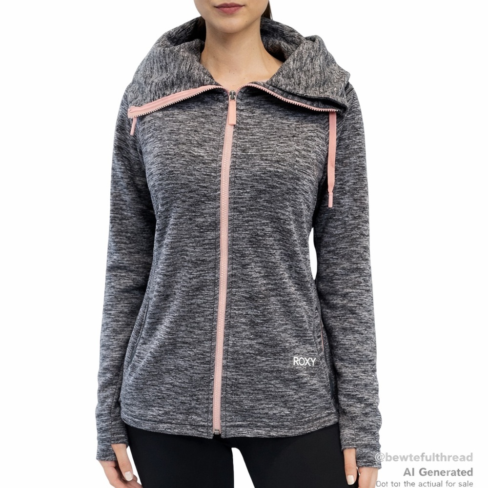 Cozy Athleisure ROXY Hoodie Grey Pink Trim Thumbhole Zip